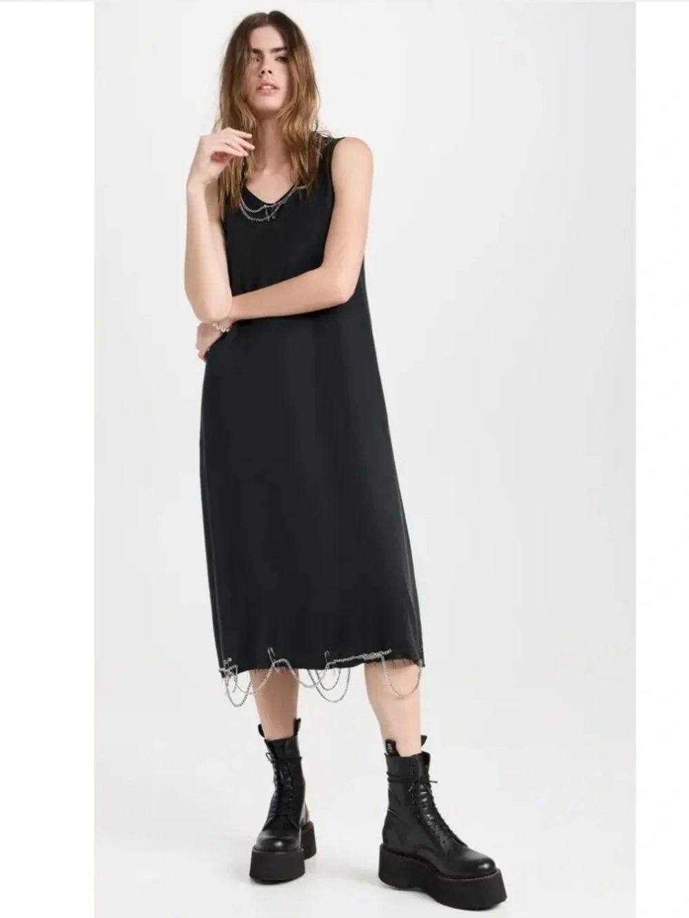 R13 Black Sleeveless Midi Dress with Chain at Neck & Hem